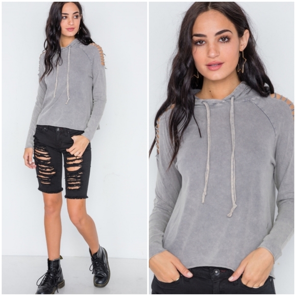 🖤Gray Ladder Slash Cut Sleeve Hoodie Top - Picture 2 of 4
